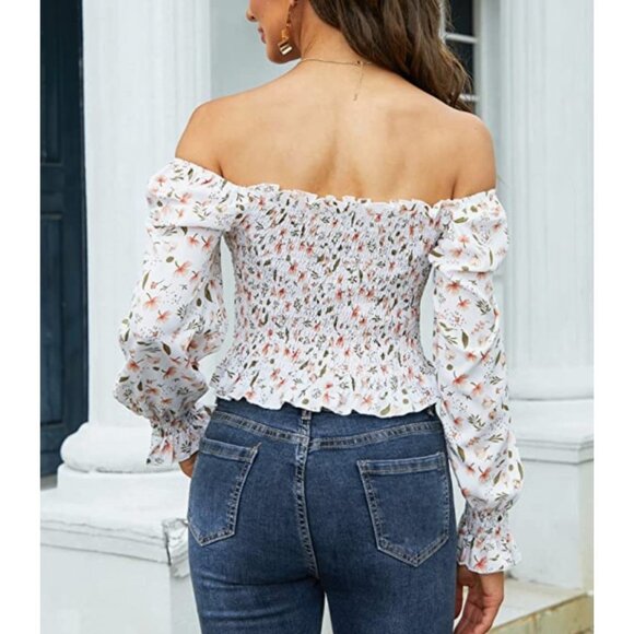 White Floral Print Ruched Long Sleeve Ruffle Frill Smocked Babydoll Crop Top - Picture 4 of 6